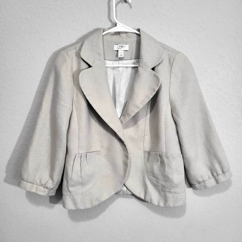 Ann Taylor LOFT Blazer Size 6 Cropped Metallic Silver Linen Cotton Jacket Office